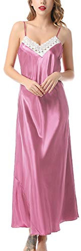Aivtalk - Robe de Nuit en Dentelle Babydoll Lingerie Nuisette Longue Femme en Soie Artificielle Chemise de Nuit Col V en Satin Style 3 Rouge Rosé Taille 38