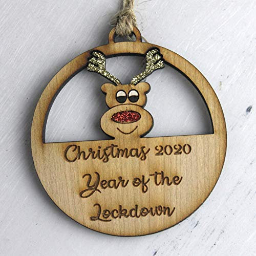 MadeAt94 Wooden Bauble Ornaments Lockdown Christmas Personalised Reindeer Decoration for Wall Tree