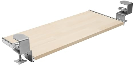 FIX&EASY Tastaturauszug klemmbar mit Tastaturablage 800X300mm buche Holz massiv, Tischklemmen höhenverstellbar silber, Schienen verzinkt 300mm, Auszug für Tastatur Maus Keyboard und Laptop Ablage