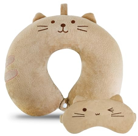 RAILONCH Reisekissen Kinder Nackenkissen,U-Geformte Nackenstützkissen, Niedliche Nackenhörnchen Kopfstütze, Baby Reise Schlafkissen mit Augenabdeckung (Khaki)