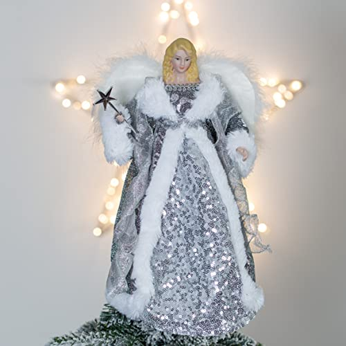 The Christmas Workshop 71089 Angel Tree Topper / 12” Tall / Silver and White Dress / Indoor Christmas Decoration