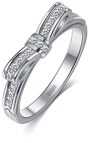 Ringe Silber Zirkonia, Silberring Unisex Größe 52 (16.6) Weißes Gold Schleife mit Zirkonia Kostenlose Gravur Geschenk zum Valentinstag