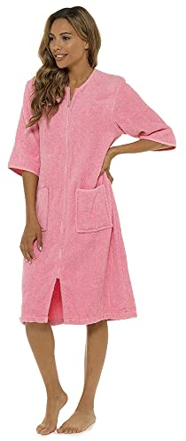 Thingimijigs Ladies 100% Cotton Terry Towelling Zip Up Bath Robe Dressing Gown House Coat - Pink UK 16-18