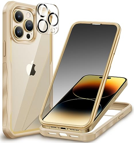 CENHUFO Compatible with iPhone 14 Pro Max Case Built-in Privacy Screen Protector with Camera Lens Protector, Shockproof Case for iPhone 14 Pro Max Privacy Case -Gold/Beige