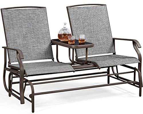 Yaheetech 2-Sitzer Schaukelbank mit Tisch Gartenbank Gartenschaukel Sitzbank, Outdoor Parkbank Schaukelstuhl Metall für Garten/Terrasse/Hof/Park/Balkon, Grau 149 × 81 × 101 cm