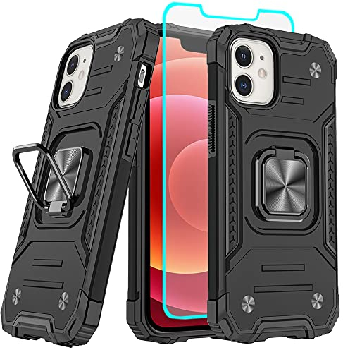for iPhone 12 Case with Screen Protector, 360°Military Grade Rotatable Kickstand (Heavy Duty) Shockproof Protective Cases for iPhone 12 phone case（Black）