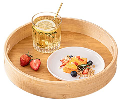 Dudoplatz Bamboo Serving Tray, Round Wooden Tray with Handles and Raised Edge, Serving Plate for Food, Coffee, Wine, Coffee, Tea, Fruit, Meals (35 x 35 x 5 cm)