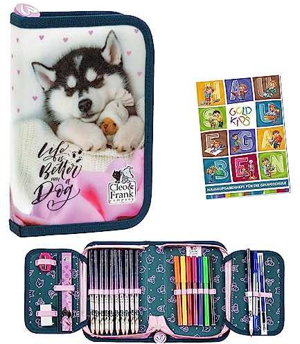 Goldkids Federmappe Federmäppchen Federtasche mit Inhalt 22-teilig Buntstifte Kugelschreiber Lineal Anspitzer Fasermaler Radiergummi Cleo & Frank 38 Hund Dog Motiv inkl Hausaufgabenheft