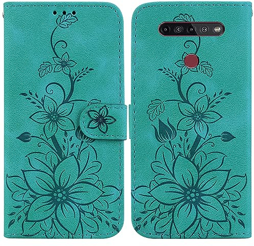 BLOTECH Handyhülle Kompatibel mit LG K41S/LG K51S Blumen PU Leder Hülle Geldbörse Klapp Handytasche Schutzhülle Flip Case 360 Grad Klapphülle Blumenn-Muster Mädchen Frauen Tasche,Grün