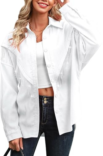 WIEIYM Damen Glitzer Jacke Rhinestones Fransen Knöpfen Jeansjacke Konzert Outfits Langarm Quasten Tshirt Pailletten College Party Jacken,Weiß,L