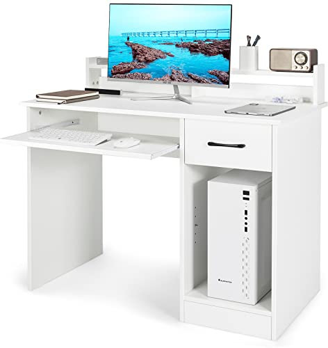 SFAREST Wooden Computer Desk, PC Study Writing Desk with 5-Position Adjustable Shelf, Keyboard Tray & Drawer, Modern Laptop Gaming Workstation for Home Office (White)