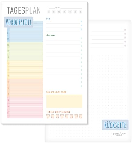paper&you® A5 Tagesplaner Block Rainbow 50 Blatt - Daily Planner mit To-do-Liste, Zeitplan, Prios, Tages-Highligt und mehr - nachhaltig & klimafreundlich