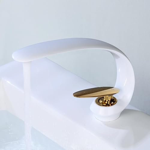 ZYCDP Robinet de Salle de Bain Lavabo Mitigeur Lavabo Blanc et Or Mitigeur Salle de Bain en Laiton Monocommande Chaude et Froide
