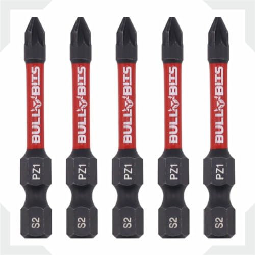 5X Bull Bits 50mm PZ1 Impact Screwdriver Bits Set – Pozi Pozidriv, Shock Zone, S2 Steel, Torsion Zone