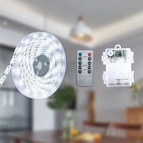 JUNWEN Tira LED con pilas, 2 m, color blanco, funciona con pilas, tira LED 120 SMD 2835, para espejo de cocina, armario, techo