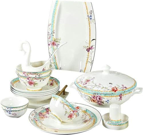 Juego de vajilla de porcelana clásica de 60 piezas, juego de vajilla de porcelana de hueso con decoración de flores románticas, platos/plato/cuenco, juegos de vajilla de cerámica, varios, C62 piez