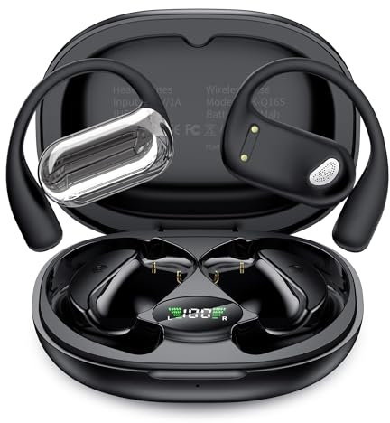 Sport Cuffie Bluetooth, Wireless Auricolari Bluetooth 5.4 dell'orecchio Aperto Cuffiette Senza Fili con 4 HD Mics, 40 Ore LED Custodia di Ricarica per iOS e Android, IP7 Impermeabili, Nero (2025)