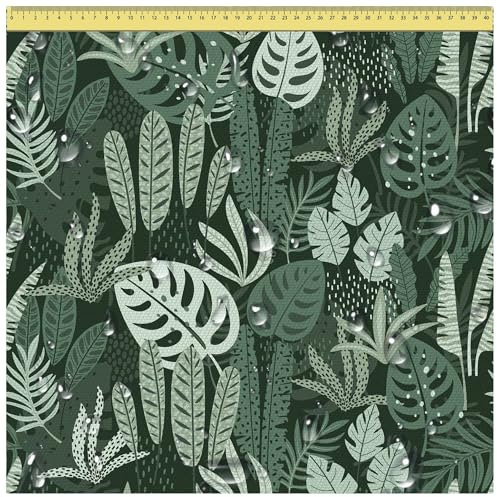 DreamRoots Segeltuch Wasserdicht - Polsterstoff Meterware 160 cm breit - Wasserabweisender Stoff 220 g/m2 600D - Markisenstoff Wasserdicht Meterware Tropical Green Leaves Palm 2M