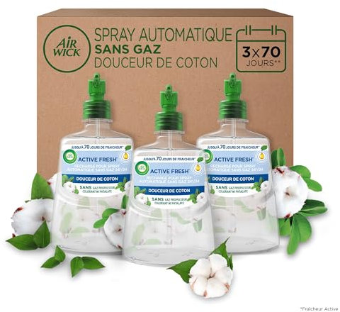 Air Wick Désodorisant Maison Spray Automatique sans Gaz Active Fresh - 3 Recharges Parfum Douceur de Coton