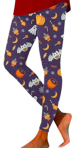 HUOQI Halloween-Leggings für Frauen, weiche Halloween-Kürbiskopf-Streifen-Druck, Legging, schlank, Yoga, Fitness, Laufen Rostschreck (Purple, S)