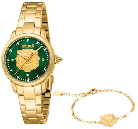 Just Cavalli Damenuhr Analog Quarz mit Edelstahlarmband JC1L334M0065, Flaschengrün, Mode