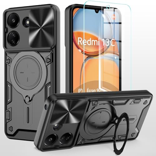 for Xiaomi Redmi 13C / Xiaomi POCO C65 Case,with Camera Lens Cover Slider 1Pack Screen Protectors Magnetic Kickstand Protective Case Heavy Duty Rugged Cell Phone Protective Cover Black