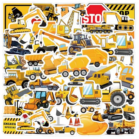 SUNYOVIME Bagger Sticker Kinder Set,55 Stück Baufahrzeug Sticker Wasserfeste Vinyl Sticker Baustelle LKW Auto Traktor Aufkleber für Skateboard Laptop Koffer Helm Motorrad Auto Fahrrad Handy