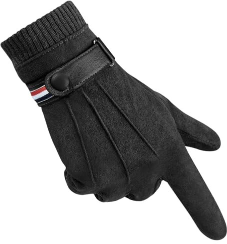 Kiiwah Handschuhe Herren Winter, Wildleder Dick Warmer Plüsch Touchscreen Handschuh mit Fleece Futter, Winddicht Thermo Anti-Rutsch Winterhandschuhe für Outdoor Indoor(Schwarz)