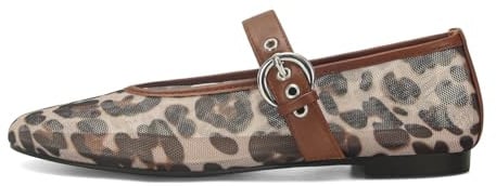MICIFA Leopard Mesh Ballet Flats for Women Round Toe Mary Jane Buckle Flats Fall Comfortable Casual Dress Shoes, Leopard, 6 UK