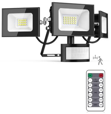Lightasea LED Strahler mit Bewegungsmelder außen, 50W 5000LM Außenstrahler mit Verstellbaren 3 Köpfe, 6500K Kaltweiß LED Scheinwerfer mit Fernbedienung, IP65 Wasserdicht Flutlicht für Garage, Hof