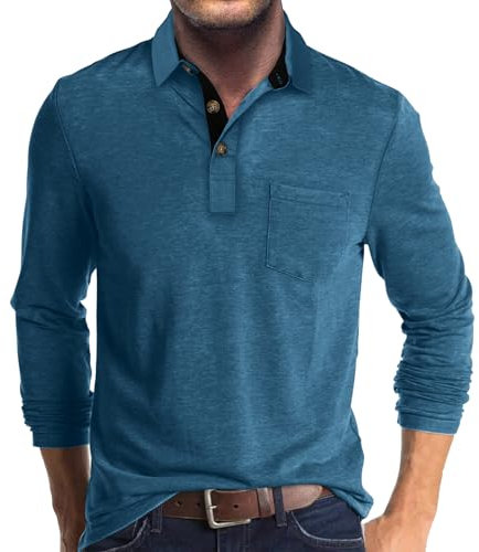 Hopgo Herren Poloshirts Largarm mit Tasche Lässiges Arbeitshemden Pullover Langarmshirt Herren mit Kragen Golf Shirt XL, Blau