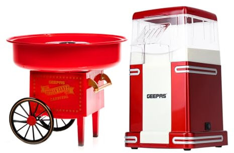 Geepas Electric Popcorn Maker Machine & Cotton Candy Maker Set | Makes Hot, Fresh, Fat-Free Theatre Style Popcorn Anytime, Oil-Free Popcorn Popper, Candy Floss | Retro Design for Birthdays, Parties