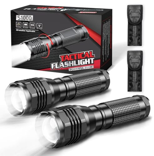 GEARLITE LED Taschenlampe Extrem Hell 2 Stück, Aluminium 4000 Lumen LED Taschenlampe Batteriebetrieben, IP65 Wasserdichte Handlampe Zoombar für Camping, Wandern, Outdoor, Notfall (3 Modi + Holster)