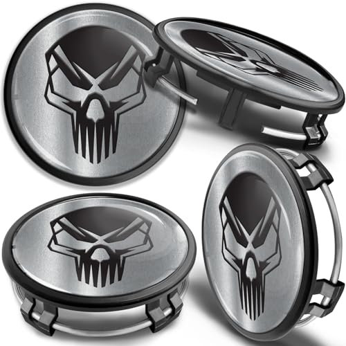 SkinoEu 4 x 75 mm Nabendeckel Felgendeckel Kompatibel mit Mercedes Benz Radnabenabdeckung Nabenkappen Felgenkappen Radkappen Alufelgen Silber Schwarz Totenkopf cm 41