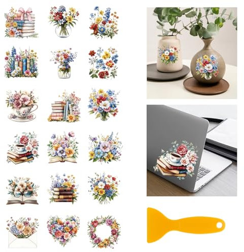 GLOBLELAND 18 piezas de libros de transferencia de 3.9 x 3.6 pulgadas, coloridos jarrones de flores silvestres, calcomanías para el hogar, taza de té, flores, tazas, calcomanías de transferencia para