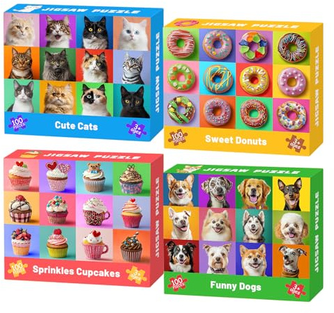 4 Packs 100 Piece Puzzles for Kids Ages 4-6 6-8 8-10, Dogs Cats Cupcakes Donuts Educational Jigsaw Puzzles, Kids Puzzles 4-6 Gifts for Girls Boys