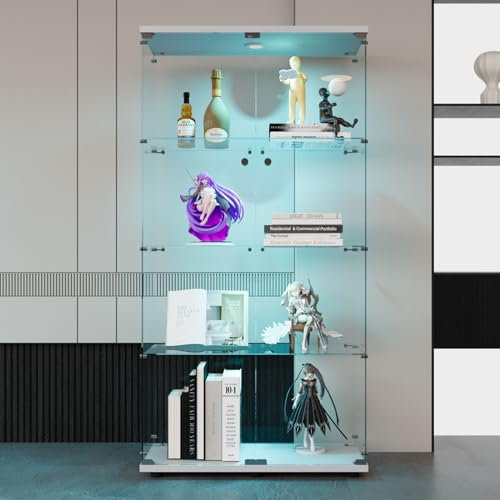 KEFSR Vitrine en verre debout avec 4 étagères, 2 portes, 164 x 80,5 x 36,5 cm, vitrine en verre avec éclairage LED, comme vitrine de collection dans le salon, vitrine blanche (blanc, 4 étages + LED)