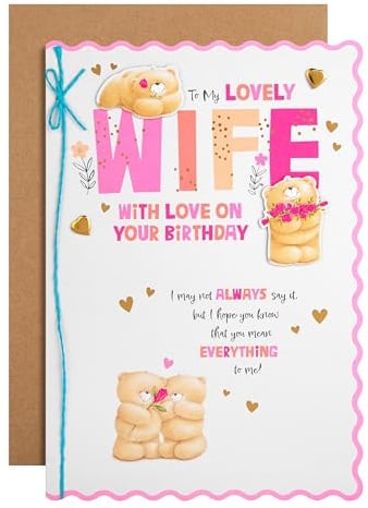 Hallmark Birthday Card for Wife, Forever Friends Bears, Pink, Blue | Cute Gold Foil Details, Scalloped Edges, Brown Kraft Envelope, Recyclable, Paper Insert