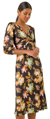 Roman Fit and Flare Dress for Women Ladies Chest Twist Knot Ruched Tea Skater Empire Waist Wedding Guest Smart Casual Swing Midi 3/4 Long Sleeve Knee Length