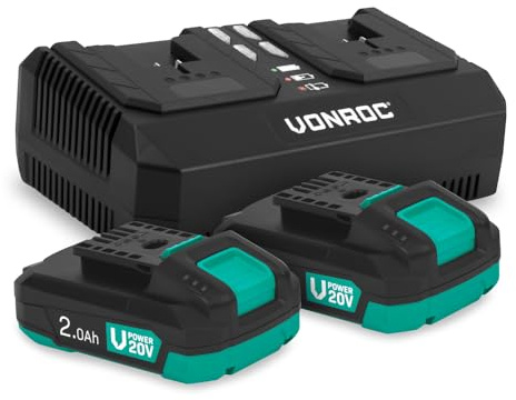 VONROC VPower 20V Kit de Démarrage – 2 Batteries Lithium-ION 2.0Ah + Chargeur Double Rapide | Compatible Multi-Outils | Idéal pour Bricolage Intensif et Projets Longue Durée