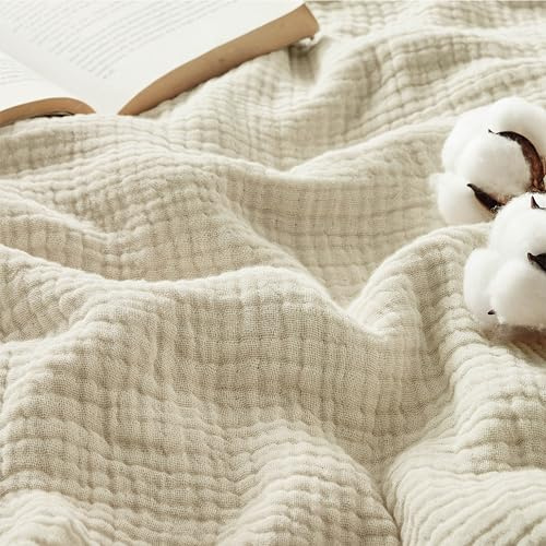 BEDSURE Musselin Decke 100% Baumwolldecke - Tagesdecke, Beige, 130x150 cm | 4-lagige Gazedecke für Couch, Atmungsaktiv und Leichte Sommerdecke, Kuscheldecke für Wohnzimmer, Schlafzimmer und Kinderwagen