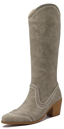 Lroey Reoly Donna Tacco Alto a Blocco Stivali Alti Appuntito Cowboy Cx901 Grigio Numero 39 EU