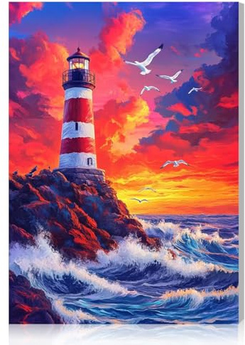 DOMROM Malen Nach Zahlen Erwachsene, Leuchtturm Malen Nach Zahlen Kits mit Rahmen, Wellen DIY Paint By Numbers Handgemalt Acrylic Ölgemälde Leinwand Pinsels Gemälde Set für Home Décor(20x30cm)