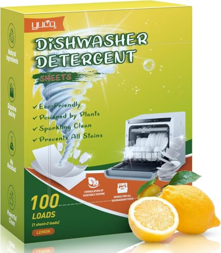 Detersivo Lavastoviglie in Fogli Ecologici, 100 Lavaggi, Senza Plastica, Biodegradabile, Vegano, Sicuro, Pulizia (Limone)