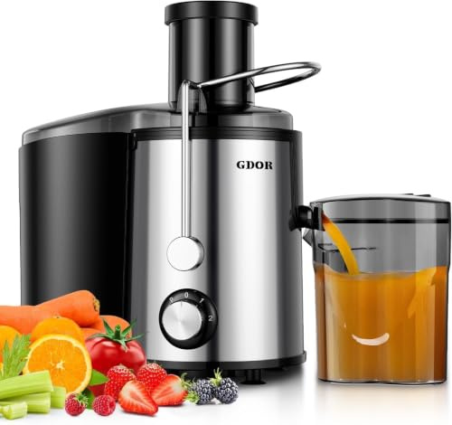 GDOR Centrifugeuse 800 W en acier inoxydable - 76 mm - Grande bouche - Pour fruits et légumes - 3 vitesses - Extracteur de jus rapide - Facile à nettoyer - Avec brosse - Sans BPA