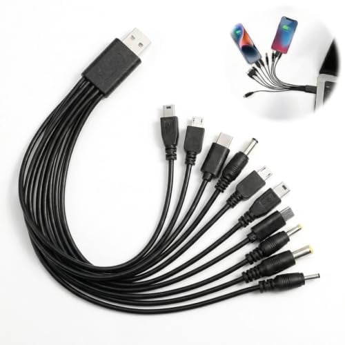 Yelvornic 10-in-1 Universal USB Charger Cable Multi-Device Charging Cord with 10 Adapters, Fast Charging Cable for Travel and Home, Black