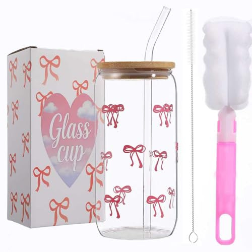 Toumdafine Bow Glass Cup Set with Brushes, Bow Iced Coffee Glass Cups with Lids and Straws, 16 oz Bow Mug Aesthetic Cups, Pink Cute Glass Cups for Girls, for Women, Friends