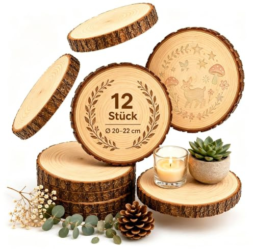 12er Set Holzscheiben 20 cm Durchmesser, Baumscheiben Naturholz mit Rinde, 15 mm Dick, Runde Holzscheiben zum Basteln, Ungebohrt für DIY, Lasergravur, Hochzeit, Tischdeko & Holzscheiben Deko