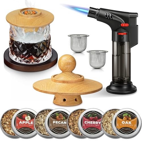 Whisky Räucher Set komplett mit Brenner und Holz-4 Geschmacksrichtungen, Cocktail Räucher Set mit Flambierbrenner, Whisky Geschenk für Männer (Feuergerät ohne Gasbutan)