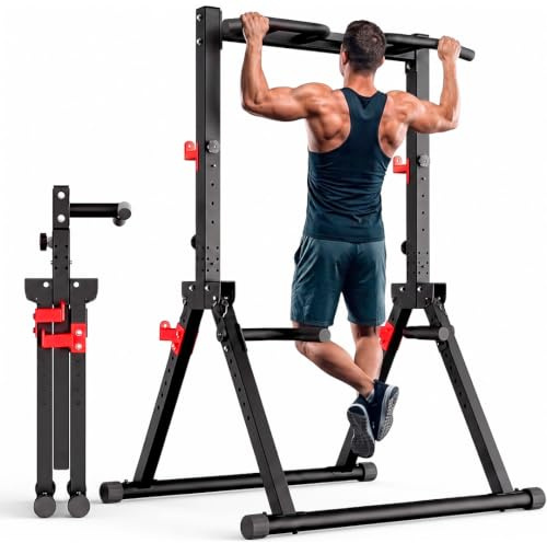 Maniboom Estación de Dominadas Plegable (200kg) - Rack Dominadas y Soporte para Barras Ajustable (175-225cm) - Pull Up Station Multifunción con Agarres para Fondos y Cuerdas TRX